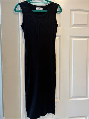 Designer Black Ribbed Tank Sweater Midi Dress Size Small